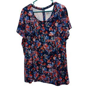 Cuddl Duds Flexwear Womens BOHO Tunic Top Sz 2X Blue Floral Short Sleeve Casual